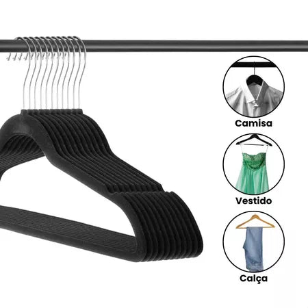 Kit 100 Unidades Cabides Veludo Slim Antideslizante Ultra Fino cores  Preto Bege Cinza