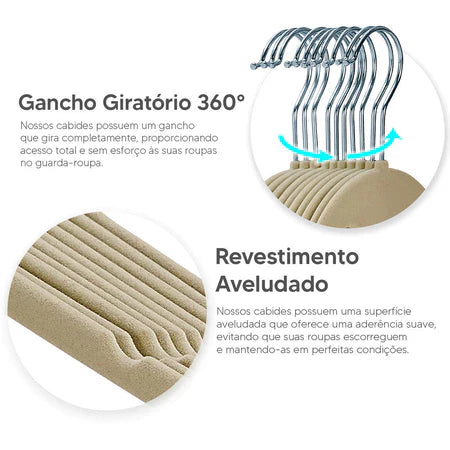 Kit 100 Unidades Cabides Veludo Slim Antideslizante Ultra Fino cores  Preto Bege Cinza