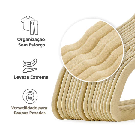 Kit 100 Unidades Cabides Veludo Slim Antideslizante Ultra Fino cores  Preto Bege Cinza